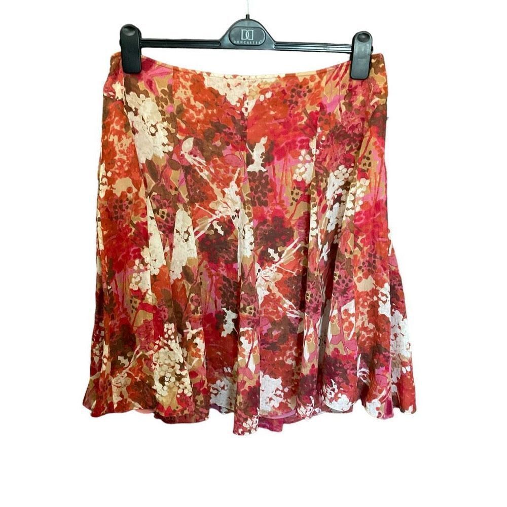 Sigrid Olsen Midi Skirt Silk Floral Print Brown Red Orange Pink Zipper Lined 14